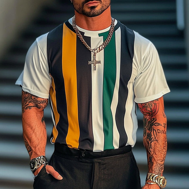 Men's Striped T-Shirt | Short Sleeve | Round Neck | Soft Breathable Fabric | Vibrant Striped Print | Relaxed Fit | Casual Everyday Wear | Double-Stitched Seams | Modern Style