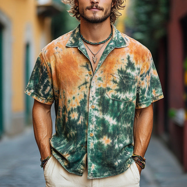 Men's Casual Shirt | Orange Green Mottled Tie Dye | Short Sleeve | Relaxed Fit | Breathable Lightweight Fabric | Vibrant Bold Design | Sizes S-3XL | Summer Fashion | Comfortable & Stylish