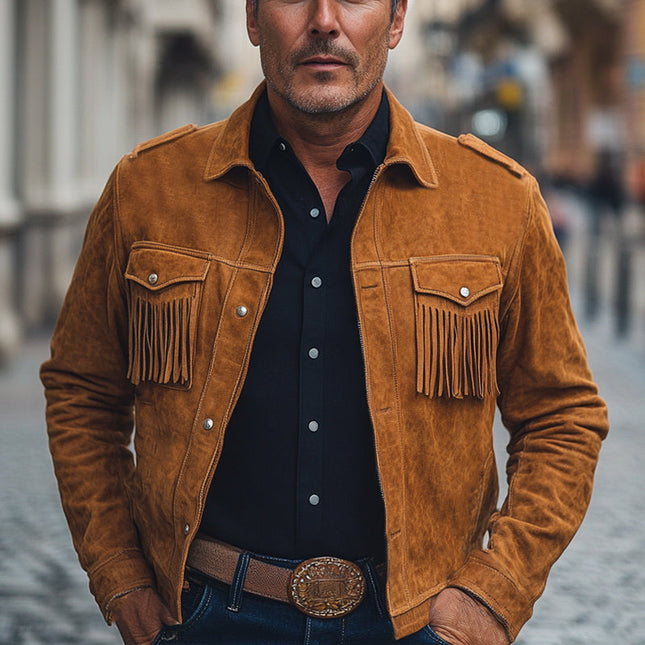 Men's Suede Jacket | Brown Vintage Tassel | Spring Autumn Outerwear | Bohemian Style | Button Closure | Luxurious Warmth | Classic Fit | Soft Plush Texture | Versatile Casual to Formal Wear