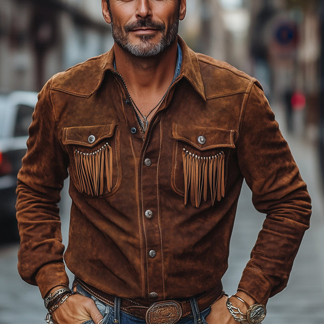 Men's Vintage Brown Suede Shirt | Lapel Collar | Tassel Details | Brown | Soft Durable Material | Versatile Style | Classic Fit | Luxurious Texture