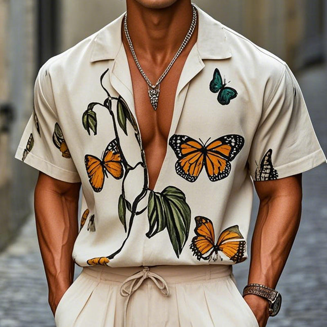 Men's Casual Shirt | Loose Fit | Butterfly Print | Short Sleeve | Comfortable & Breathable | Perfect for Summer & Layered Look | Ideal for Casual Outings | Stylish & Versatile | High-Quality Fabric