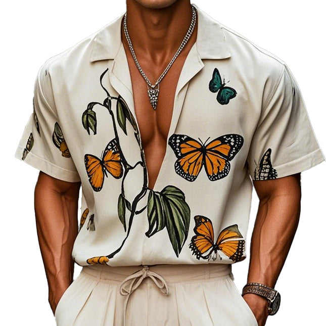 Men's Casual Shirt | Loose Fit | Butterfly Print | Short Sleeve | Comfortable & Breathable | Perfect for Summer & Layered Look | Ideal for Casual Outings | Stylish & Versatile | High-Quality Fabric
