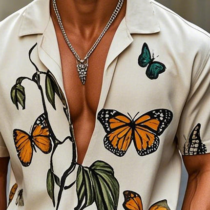 Men's Casual Shirt | Loose Fit | Butterfly Print | Short Sleeve | Comfortable & Breathable | Perfect for Summer & Layered Look | Ideal for Casual Outings | Stylish & Versatile | High-Quality Fabric