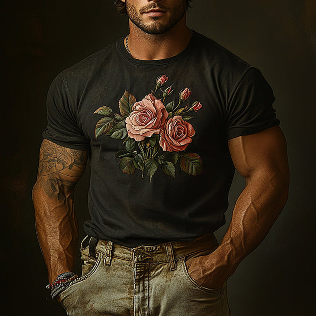 Men's Vintage Distressed T-Shirt | Rose Embroidery | Short Sleeves | Urban Streetwear | Comfortable Fit | Casual & Dressy | Ideal for Layering & Warm Weather | High-Quality Fabric | Versatile Style