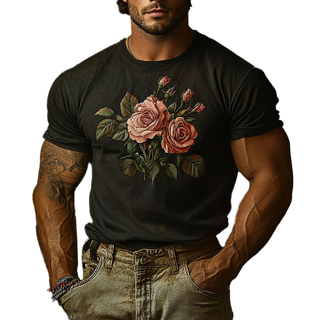 Men's Vintage Distressed T-Shirt | Rose Embroidery | Short Sleeves | Urban Streetwear | Comfortable Fit | Casual & Dressy | Ideal for Layering & Warm Weather | High-Quality Fabric | Versatile Style
