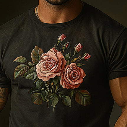 Men's Vintage Distressed T-Shirt | Rose Embroidery | Short Sleeves | Urban Streetwear | Comfortable Fit | Casual & Dressy | Ideal for Layering & Warm Weather | High-Quality Fabric | Versatile Style