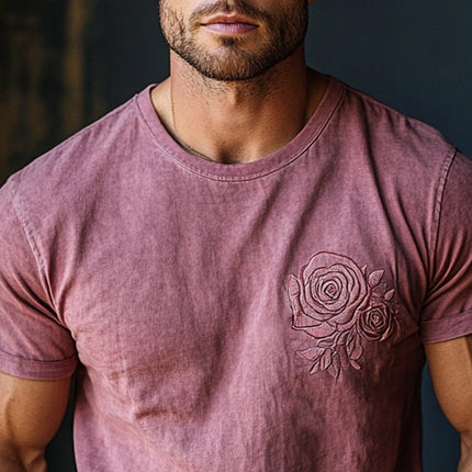 Men's Vintage Washed Rose Embroidered T-Shirt | Short Sleeve | Casual | Soft Cotton | Relaxed Fit | Eye-Catching Design | Breathable Durable Fabric | Retro Style | Classic Color