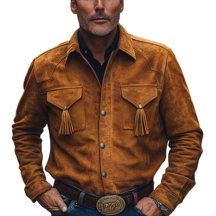 Men's Retro Tassel Suede Shirt | Long Sleeve | Classic Fit | Vintage Style | Bohemian Details | Warm & Elegant | Suede Texture | Button Closure | Versatile Fashion | Sizes S-3XL | Spring & Autumn Wardrobe