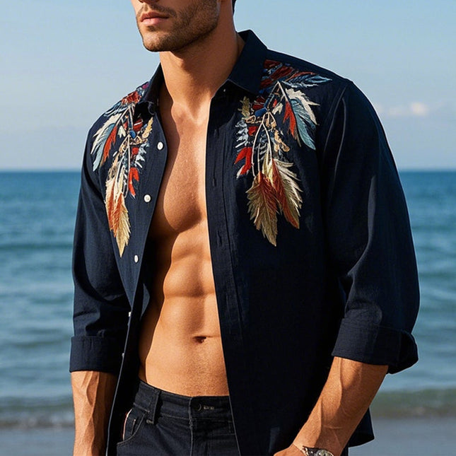 Men's Feather Embroidered Long Sleeve Shirt | Casual Classic Fit | Breathable Cotton Blend | Sophisticated Feather Design | Versatile Wear | Machine Washable | Tailored Fit for Comfort