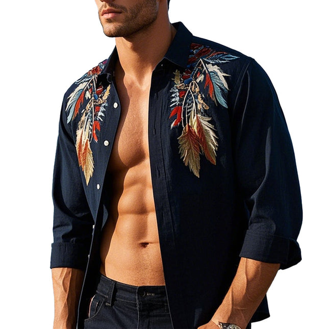 Men's Feather Embroidered Long Sleeve Shirt | Casual Classic Fit | Breathable Cotton Blend | Sophisticated Feather Design | Versatile Wear | Machine Washable | Tailored Fit for Comfort