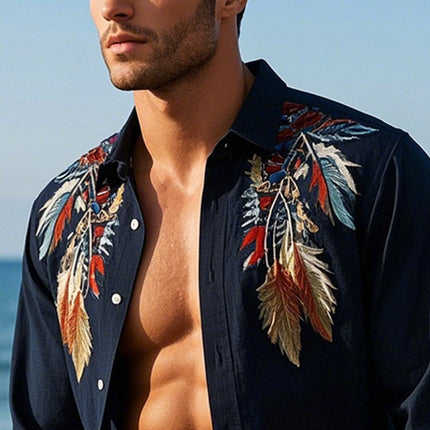 Men's Feather Embroidered Long Sleeve Shirt | Casual Classic Fit | Breathable Cotton Blend | Sophisticated Feather Design | Versatile Wear | Machine Washable | Tailored Fit for Comfort