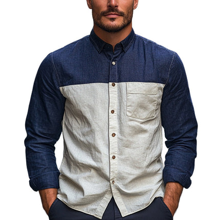 Men's Long-Sleeved Shirt | Cotton Linen Blend | Contrast Stitching | Button-Down Collar | Versatile Style | Available in Sizes Small to 3XL | Sophisticated Classic Design | Comfortable & Breathable Fabric