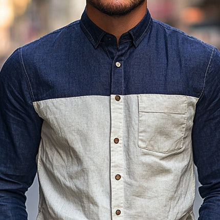 Men's Long-Sleeved Shirt | Cotton Linen Blend | Contrast Stitching | Button-Down Collar | Versatile Style | Available in Sizes Small to 3XL | Sophisticated Classic Design | Comfortable & Breathable Fabric