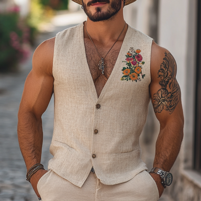 Men's Linen Vest | Flower Embroidery | V-Neck | Single Breasted | Slim Fit | Casual & Semi-Formal Outerwear | Lightweight Summer Fashion | Versatile Styling | Comfortable Tailored Look | Multiple Sizes Available