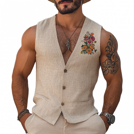 Men's Linen Vest | Flower Embroidery | V-Neck | Single Breasted | Slim Fit | Casual & Semi-Formal Outerwear | Lightweight Summer Fashion | Versatile Styling | Comfortable Tailored Look | Multiple Sizes Available