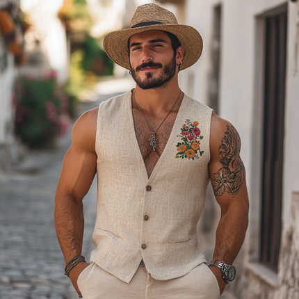Men's Linen Vest | Flower Embroidery | V-Neck | Single Breasted | Slim Fit | Casual & Semi-Formal Outerwear | Lightweight Summer Fashion | Versatile Styling | Comfortable Tailored Look | Multiple Sizes Available