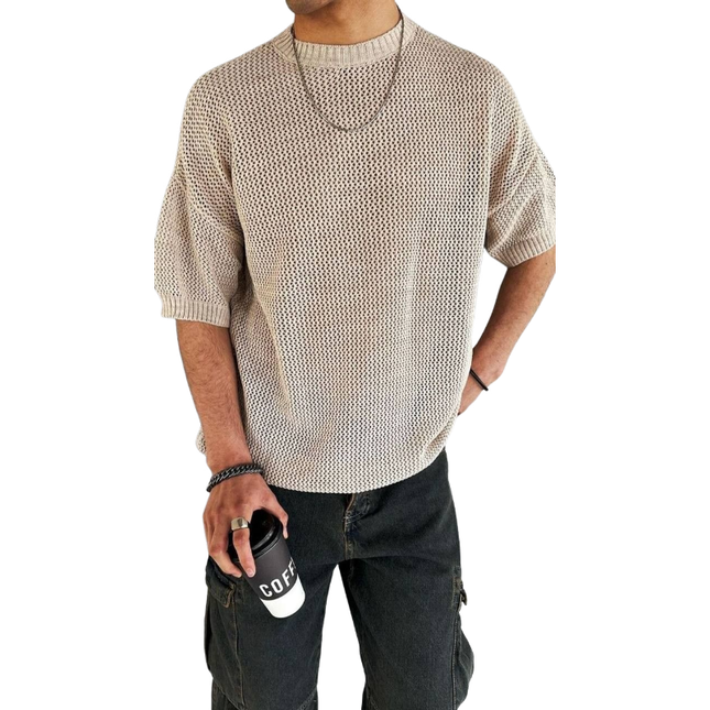 Men's Knitted Short Sleeve T-Shirt | Casual Round Neck Loose Fit Sweater Top | Soft Breathable Fabric | Versatile Summer Style | Comfortable Everyday Wear | Machine Washable