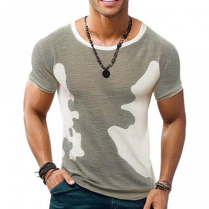 Men's Contrast Color Jacquard Sweater | Round Neck Slim Fit Top | Short Sleeve Knitted Design | Casual Wear | Breathable Fabric | Stylish & Comfortable | Available in Multiple Sizes