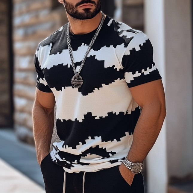 Men's Short Sleeve Knit Sweater | Contrast Color Jacquard | Round Neck Slim Fit | Casual Apparel | Stylish Comfort | Versatile Outfit | Trendy | Modern Wardrobe Essential