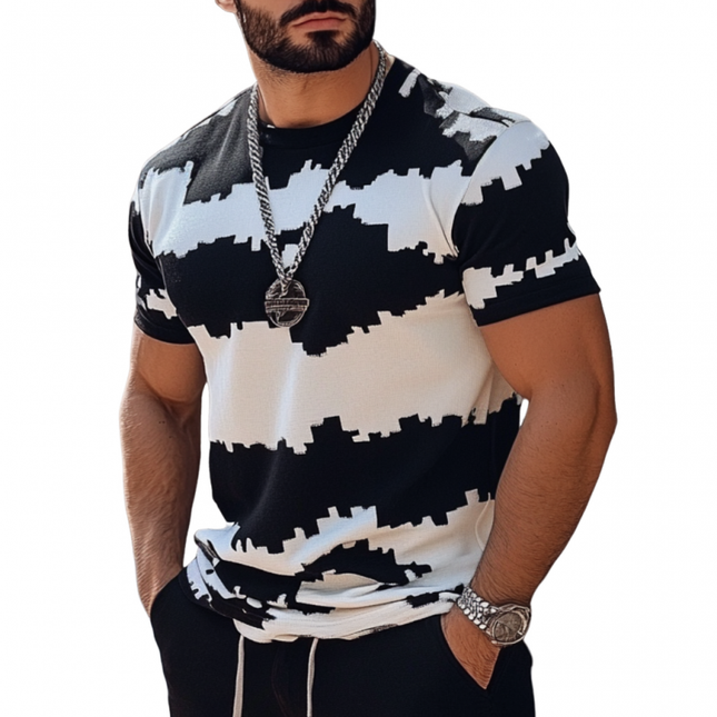 Men's Short Sleeve Knit Sweater | Contrast Color Jacquard | Round Neck Slim Fit | Casual Apparel | Stylish Comfort | Versatile Outfit | Trendy | Modern Wardrobe Essential
