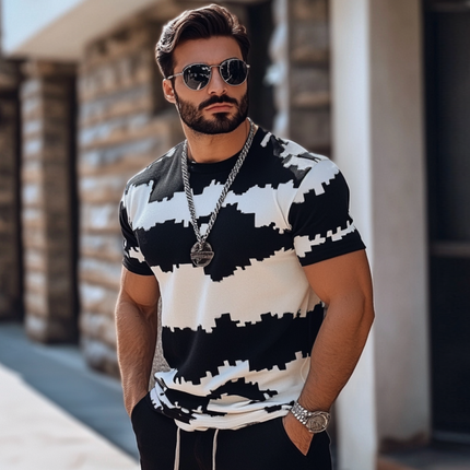 Men's Short Sleeve Knit Sweater | Contrast Color Jacquard | Round Neck Slim Fit | Casual Apparel | Stylish Comfort | Versatile Outfit | Trendy | Modern Wardrobe Essential
