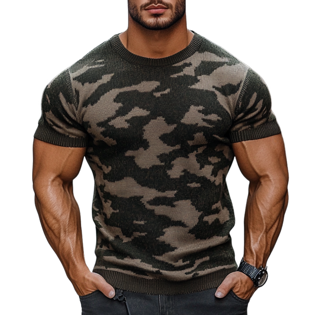 Men's Camouflage Jacquard Short Sleeve Sweater | Round Neck Slim Fit Knit | Outdoor Casual Tee | Breathable Comfortable Design | Fashion Essentials for Men