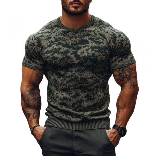 Men's Slim Fit Camouflage Jacquard Knitted Short Sleeve Sweater | Round Neck | Breathable Outdoor Casual Top | Versatile Style | Perfect for Layering and Warm Weather | Durable | Multiple Sizes