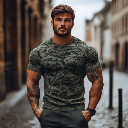 Men's Slim Fit Camouflage Jacquard Knitted Short Sleeve Sweater | Round Neck | Breathable Outdoor Casual Top | Versatile Style | Perfect for Layering and Warm Weather | Durable | Multiple Sizes
