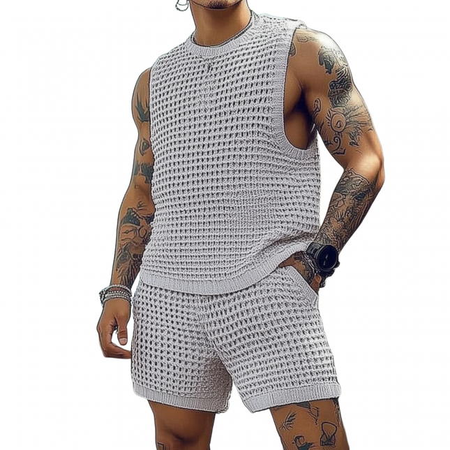Men's Casual Round Neck Tank Top & Elastic Waist Shorts Set | Loose Fit Knitted Activewear | Soft & Breathable Fabric | Versatile Lounge & Gym Wear | Stylish Summer Outfit for Comfort & Flexibility