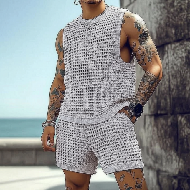 Men's Casual Round Neck Tank Top & Elastic Waist Shorts Set | Loose Fit Knitted Activewear | Soft & Breathable Fabric | Versatile Lounge & Gym Wear | Stylish Summer Outfit for Comfort & Flexibility