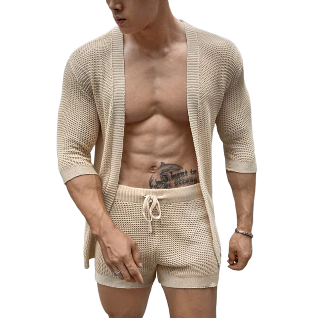 Men's Knitted Cardigan Set | Mid-Sleeve Open Front Sweater | Elastic Waist Relaxed Fit Shorts | Casual Lounge Wear | Soft Breathable Fabric | Versatile Set for Outings | Comfortable Style