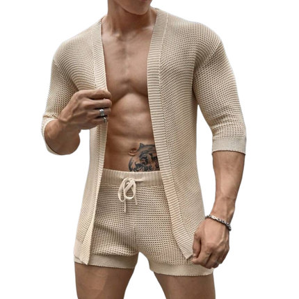 Men's Knitted Cardigan Set | Mid-Sleeve Open Front Sweater | Elastic Waist Relaxed Fit Shorts | Casual Lounge Wear | Soft Breathable Fabric | Versatile Set for Outings | Comfortable Style