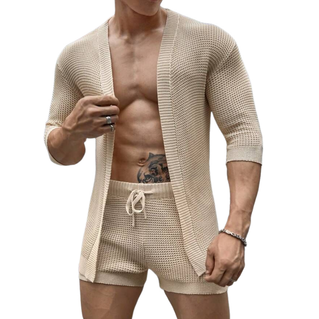 Men's Knitted Cardigan Set | Mid-Sleeve Open Front Sweater | Elastic Waist Relaxed Fit Shorts | Casual Lounge Wear | Soft Breathable Fabric | Versatile Set for Outings | Comfortable Style