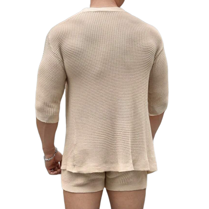 Men's Knitted Cardigan Set | Mid-Sleeve Open Front Sweater | Elastic Waist Relaxed Fit Shorts | Casual Lounge Wear | Soft Breathable Fabric | Versatile Set for Outings | Comfortable Style