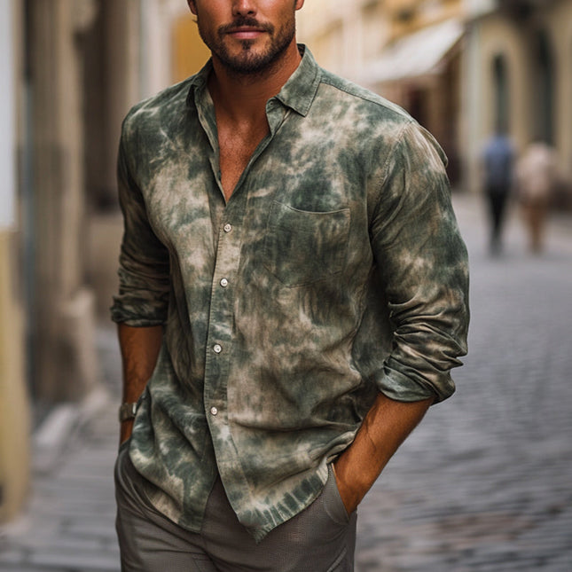 Men's Casual Long Sleeve Shirt | Dark Green Mottled Print | Tailored Fit | Lapel Collar | Soft Breathable Fabric | Versatile for Day or Evening Wear | Sizes S-3XL | Comfortable & Stylish | Perfect for Fashion-Forward Men