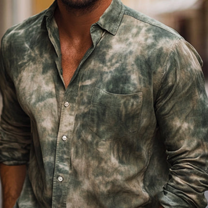 Men's Casual Long Sleeve Shirt | Dark Green Mottled Print | Tailored Fit | Lapel Collar | Soft Breathable Fabric | Versatile for Day or Evening Wear | Sizes S-3XL | Comfortable & Stylish | Perfect for Fashion-Forward Men