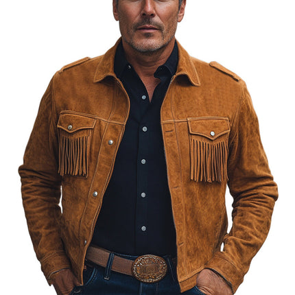 Men's Suede Jacket | Brown Vintage Tassel | Spring Autumn Outerwear | Bohemian Style | Button Closure | Luxurious Warmth | Classic Fit | Soft Plush Texture | Versatile Casual to Formal Wear