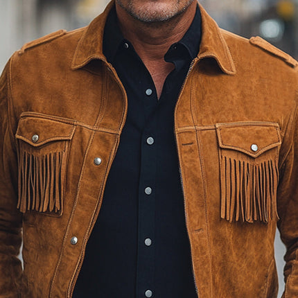 Men's Suede Jacket | Brown Vintage Tassel | Spring Autumn Outerwear | Bohemian Style | Button Closure | Luxurious Warmth | Classic Fit | Soft Plush Texture | Versatile Casual to Formal Wear