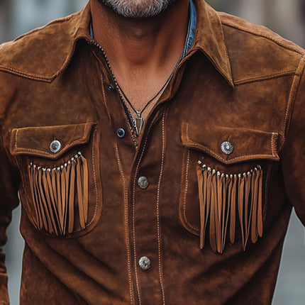 Men's Vintage Brown Suede Shirt | Lapel Collar | Tassel Details | Brown | Soft Durable Material | Versatile Style | Classic Fit | Luxurious Texture