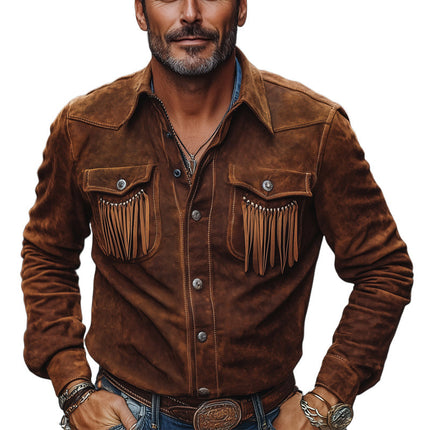 Men's Vintage Brown Suede Shirt | Lapel Collar | Tassel Details | Brown | Soft Durable Material | Versatile Style | Classic Fit | Luxurious Texture