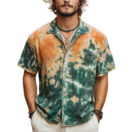 Men's Casual Shirt | Orange Green Mottled Tie Dye | Short Sleeve | Relaxed Fit | Breathable Lightweight Fabric | Vibrant Bold Design | Sizes S-3XL | Summer Fashion | Comfortable & Stylish