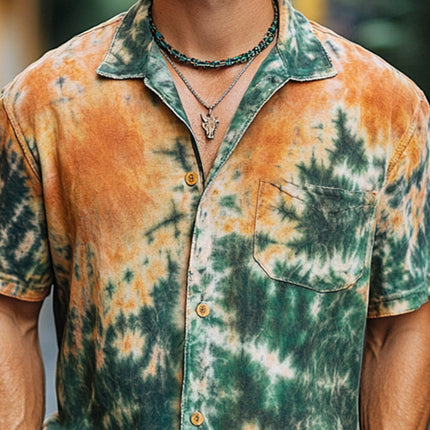 Men's Casual Shirt | Orange Green Mottled Tie Dye | Short Sleeve | Relaxed Fit | Breathable Lightweight Fabric | Vibrant Bold Design | Sizes S-3XL | Summer Fashion | Comfortable & Stylish