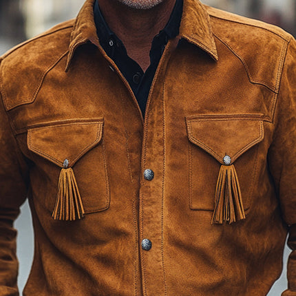 Men's Retro Tassel Suede Shirt | Long Sleeve | Classic Fit | Vintage Style | Bohemian Details | Warm & Elegant | Suede Texture | Button Closure | Versatile Fashion | Sizes S-3XL | Spring & Autumn Wardrobe