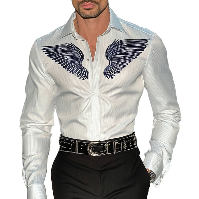 Men's Shirt | Embroidered Lapel | Long Sleeve | Sophisticated Design | High-Quality Fabric | Versatile for Formal or Casual Wear | Ideal for Cooler Weather | Elegant Detailing | Comfortable Fit | Stylish Wardrobe Essential