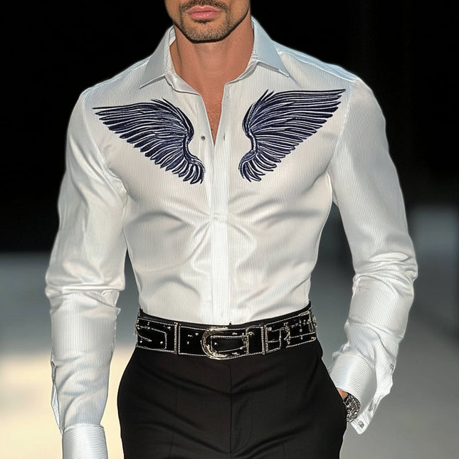 Men's Shirt | Embroidered Lapel | Long Sleeve | Sophisticated Design | High-Quality Fabric | Versatile for Formal or Casual Wear | Ideal for Cooler Weather | Elegant Detailing | Comfortable Fit | Stylish Wardrobe Essential