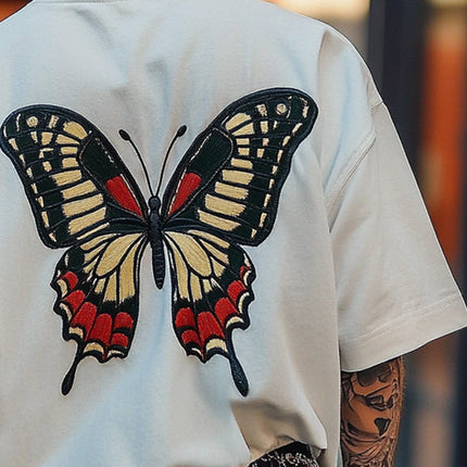 Men's Embroidered Butterfly T-Shirt | Round Neck | Short Sleeve | Casual Cotton Top | Breathable Fabric | Unique Stylish Design | Various Colors | Comfortable Fit