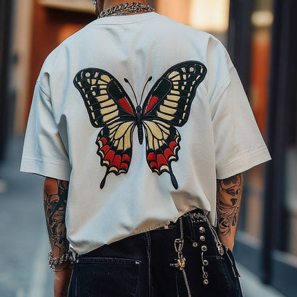 Men's Embroidered Butterfly T-Shirt | Round Neck | Short Sleeve | Casual Cotton Top | Breathable Fabric | Unique Stylish Design | Various Colors | Comfortable Fit