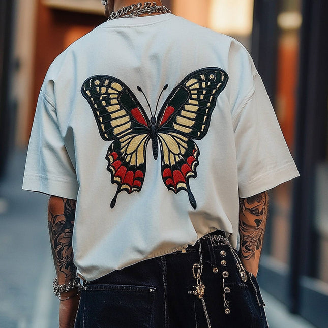 Men's Embroidered Butterfly T-Shirt | Round Neck | Short Sleeve | Casual Cotton Top | Breathable Fabric | Unique Stylish Design | Various Colors | Comfortable Fit