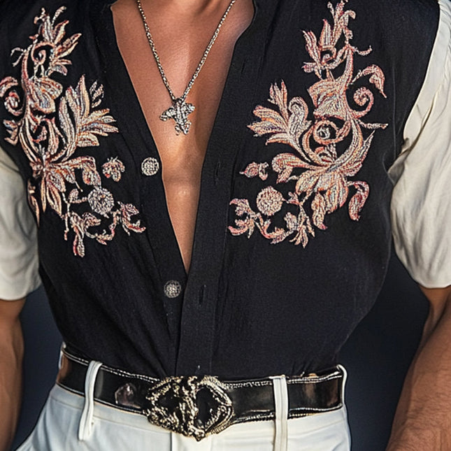 Men's Short Sleeve Dress Shirt | Contrast Embroidery | Casual & Semi-Formal Style | Comfortable Breathable Fabric | Contemporary Relaxed Fit | Eye-Catching Design | Versatile Outfit Pairing | MTA2580C6X