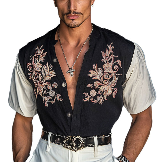 Men's Short Sleeve Dress Shirt | Contrast Embroidery | Casual & Semi-Formal Style | Comfortable Breathable Fabric | Contemporary Relaxed Fit | Eye-Catching Design | Versatile Outfit Pairing | MTA2580C6X